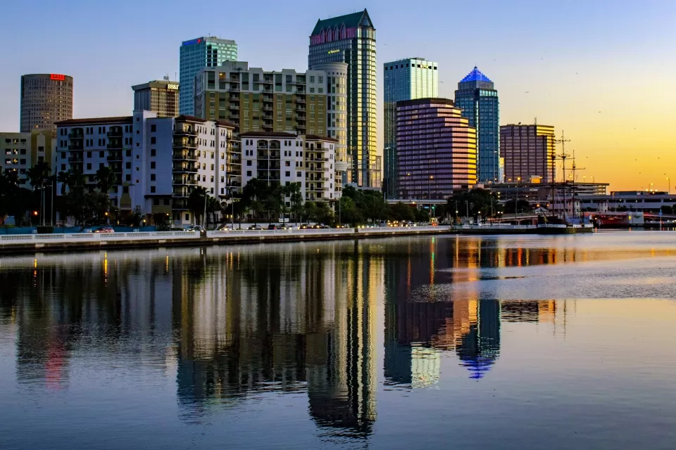 Tampa skyline from the water at sunset